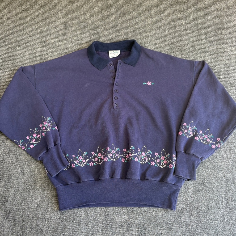 Artisans Sunschein Designs Vintage Navy Blue Floral Pullover Sweatshirt XL